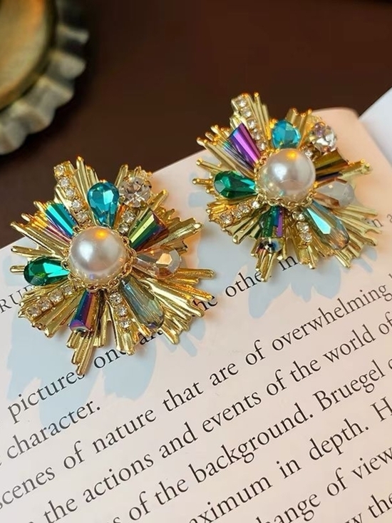 Anthropologie Jewelry - Gold Earrings with Pearl & Green-Blue Crystal Accents